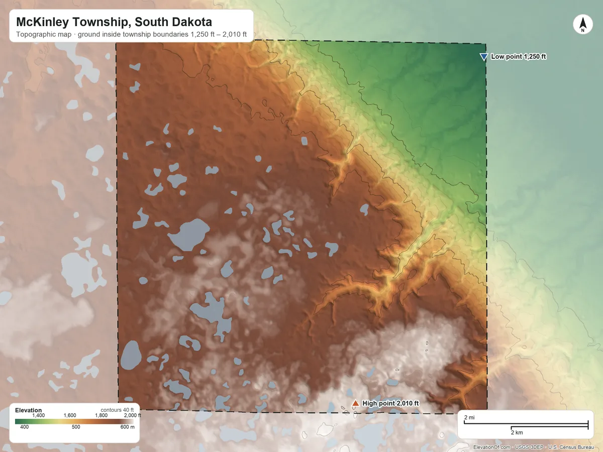 Topographic elevation map of McKinley Township, South Dakota, shaded from 1,250 ft on the northeast side to 2,010 ft on the south side