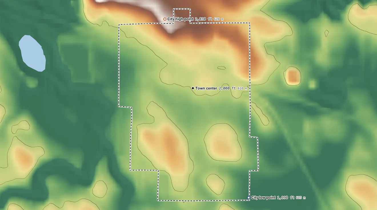 Topographic elevation map of McLaughlin, South Dakota, shaded from 1,990 ft on the southeast side to 2,030 ft on the north side