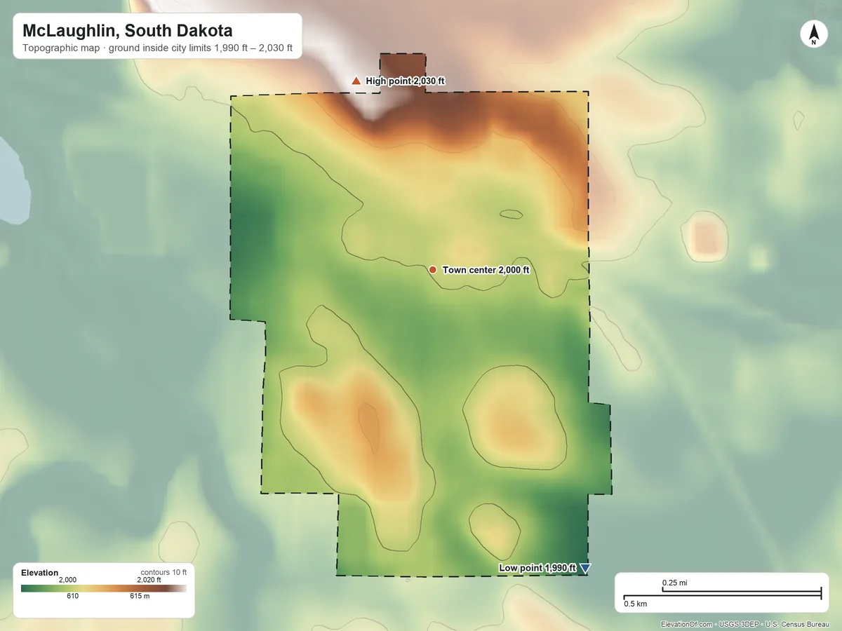 Topographic elevation map of McLaughlin, South Dakota, shaded from 1,990 ft on the southeast side to 2,030 ft on the north side