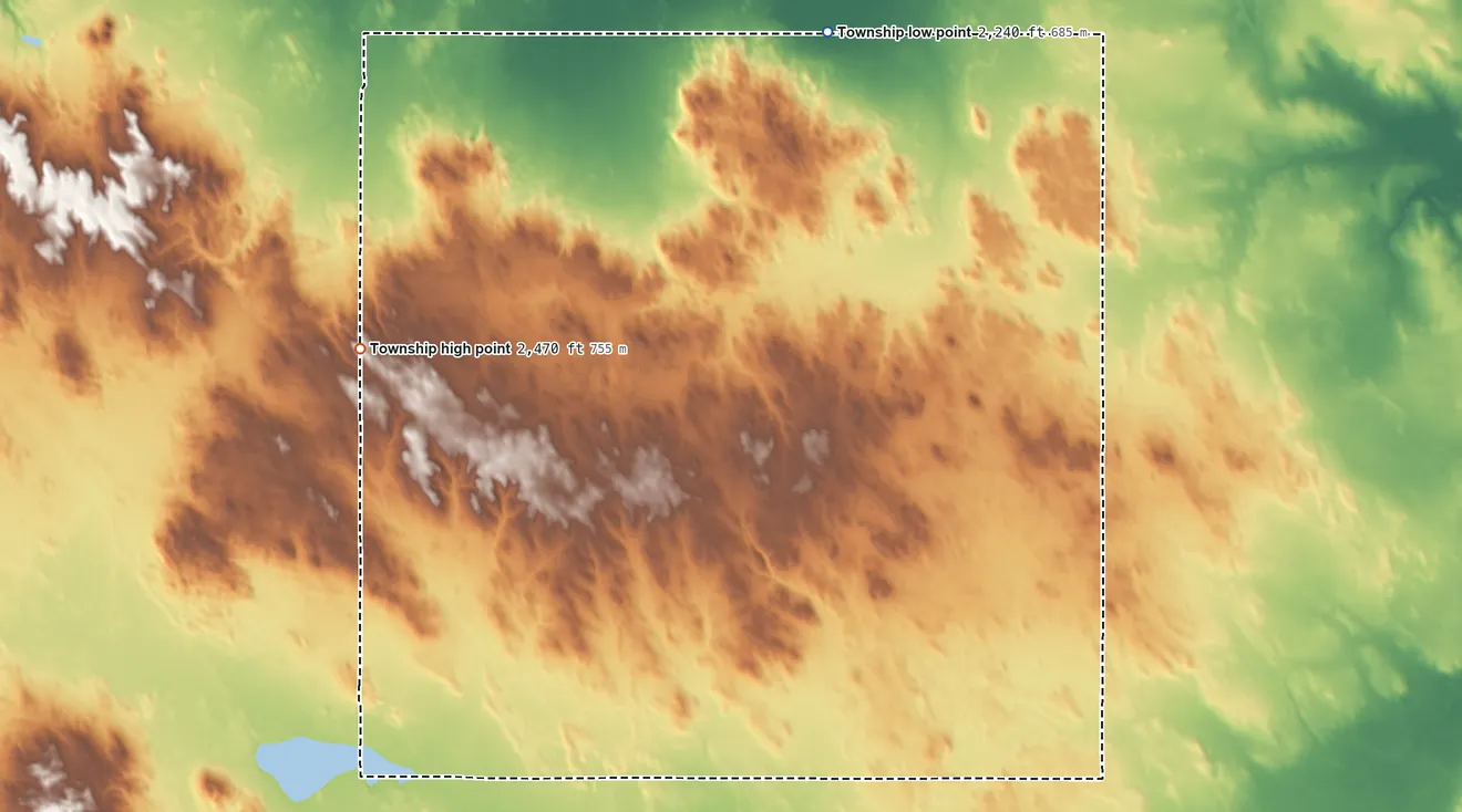Topographic elevation map of McNeely Township, South Dakota, shaded from 2,240 ft on the northeast side to 2,470 ft on the northwest side