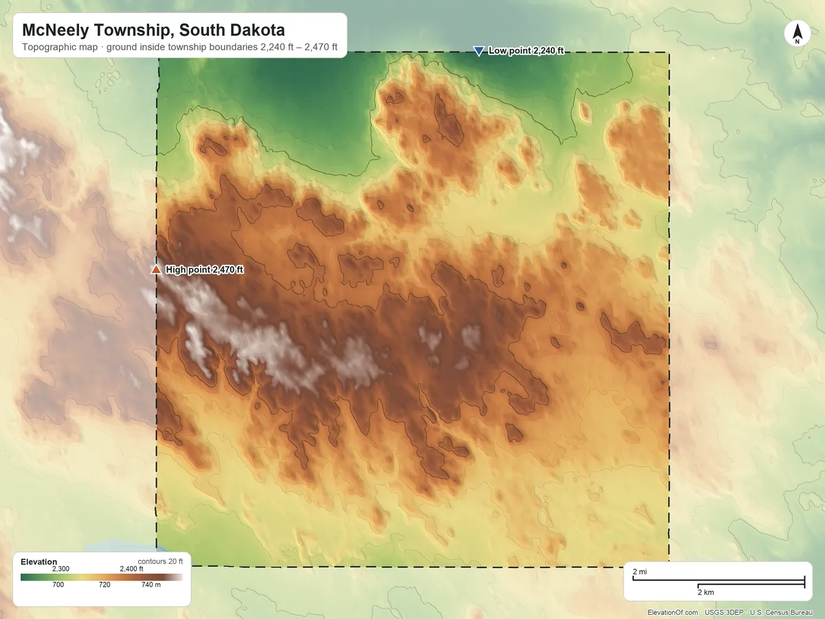 Topographic elevation map of McNeely Township, South Dakota, shaded from 2,240 ft on the northeast side to 2,470 ft on the northwest side