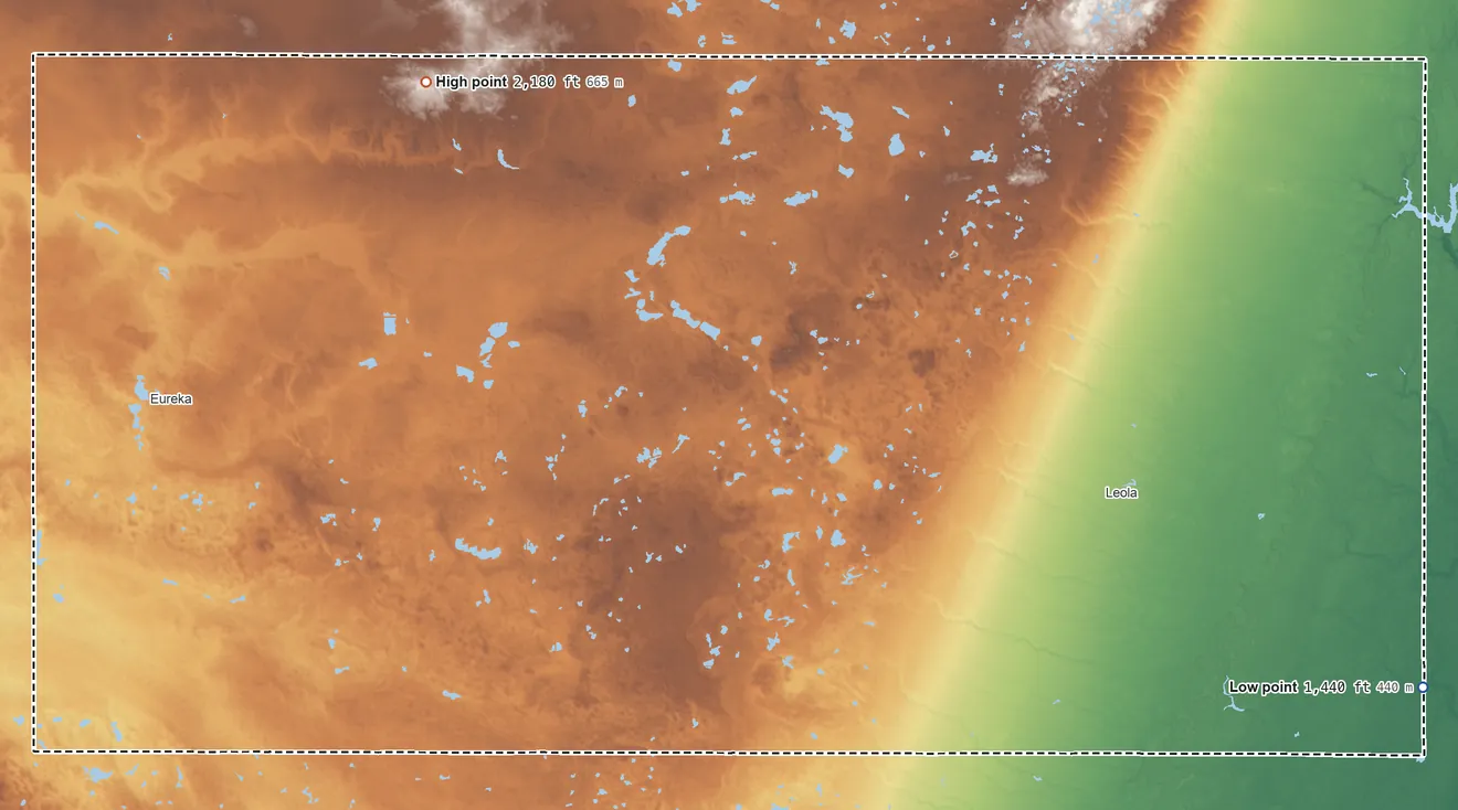 Topographic elevation map of McPherson County, South Dakota, shaded from 1,440 ft on the east side to 2,180 ft on the northwest side