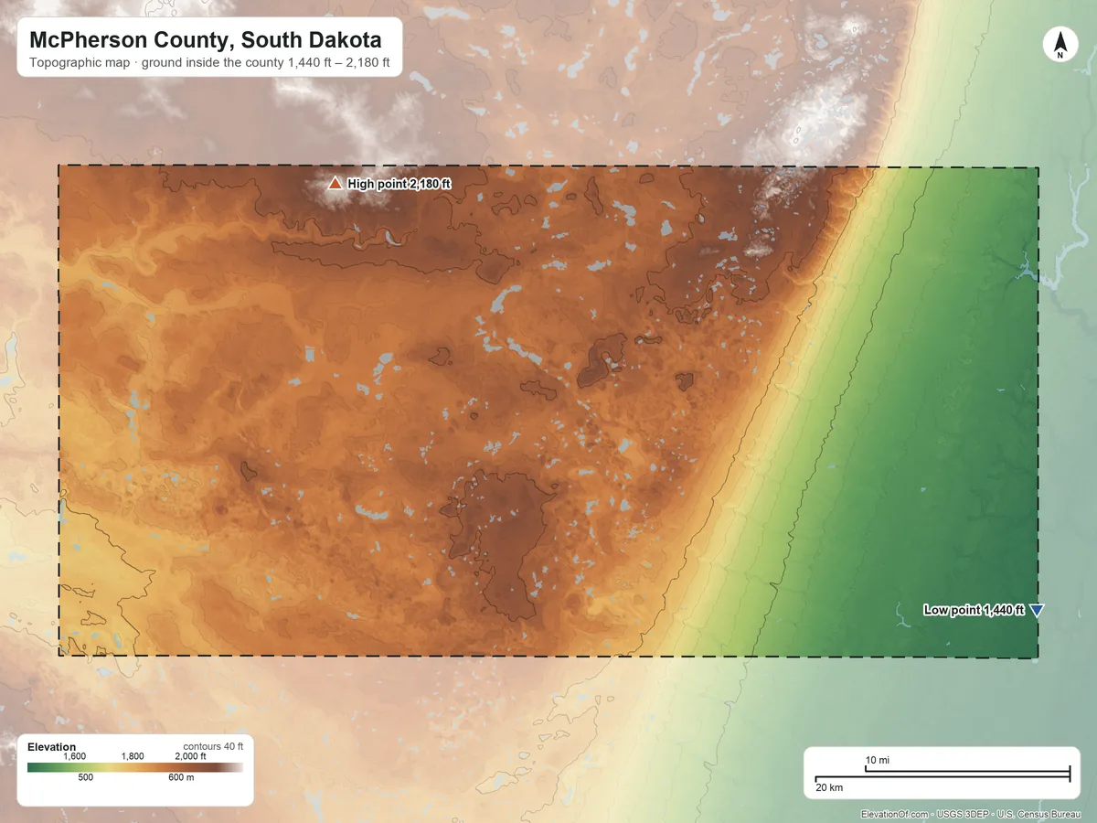 Topographic elevation map of McPherson County, South Dakota, shaded from 1,440 ft on the east side to 2,180 ft on the northwest side