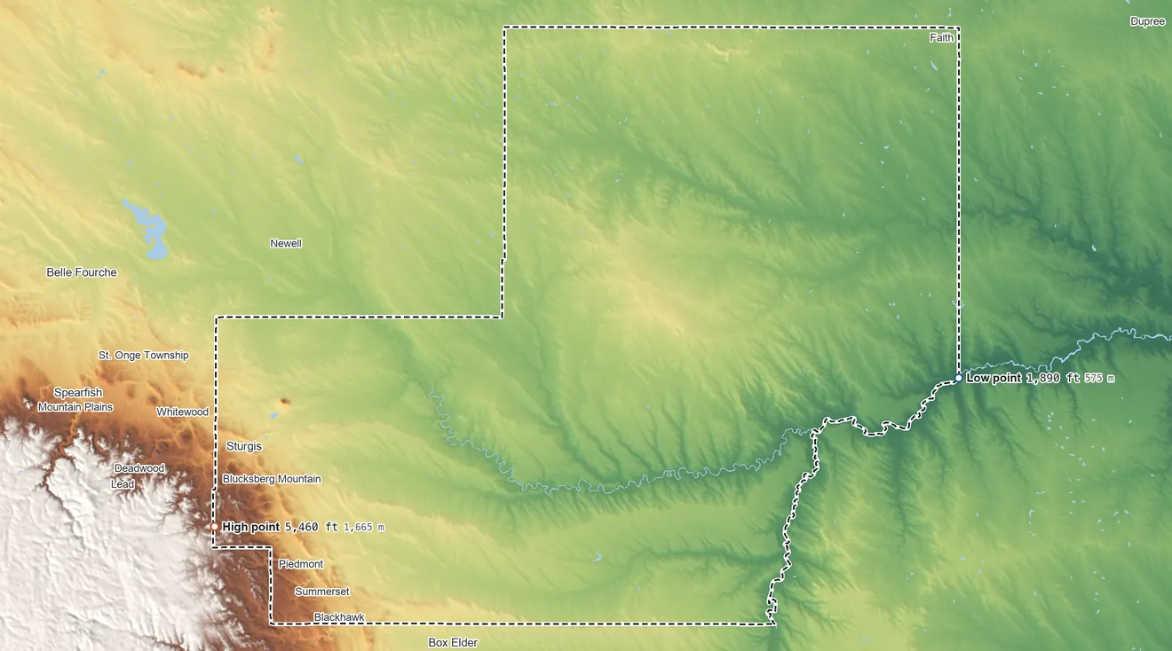 Topographic elevation map of Meade County, South Dakota, shaded from 1,890 ft on the east side to 5,460 ft on the southwest side