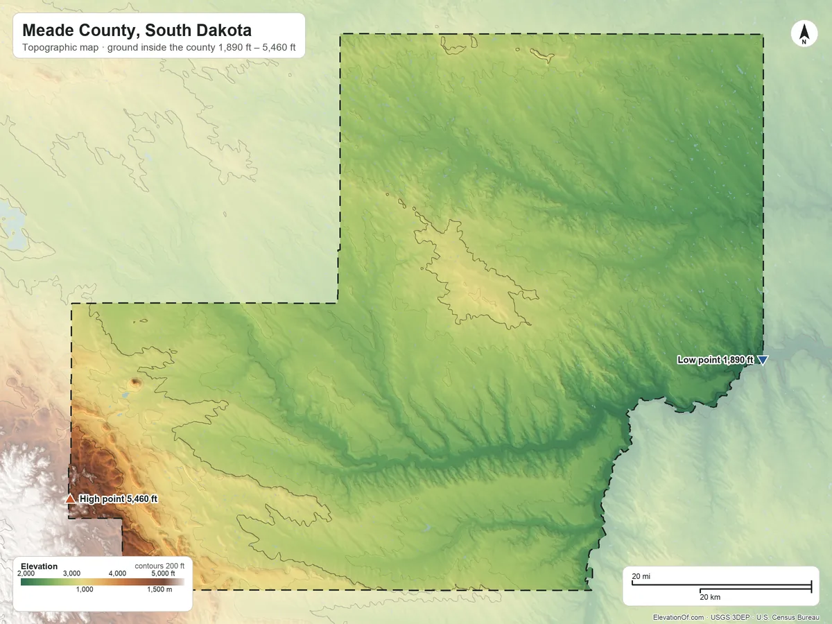 Topographic elevation map of Meade County, South Dakota, shaded from 1,890 ft on the east side to 5,460 ft on the southwest side