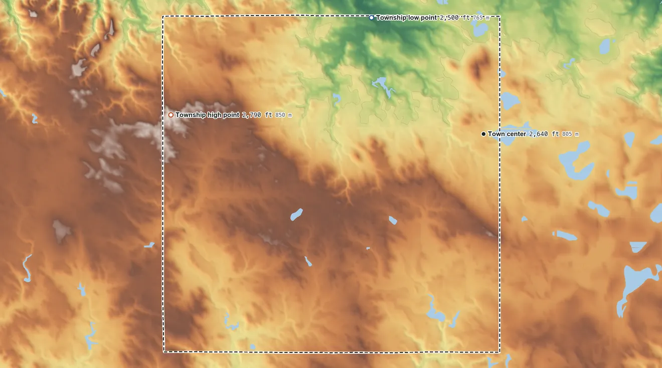 Topographic elevation map of Meadow Township, South Dakota, shaded from 2,500 ft on the northwest side to 2,790 ft on the west side