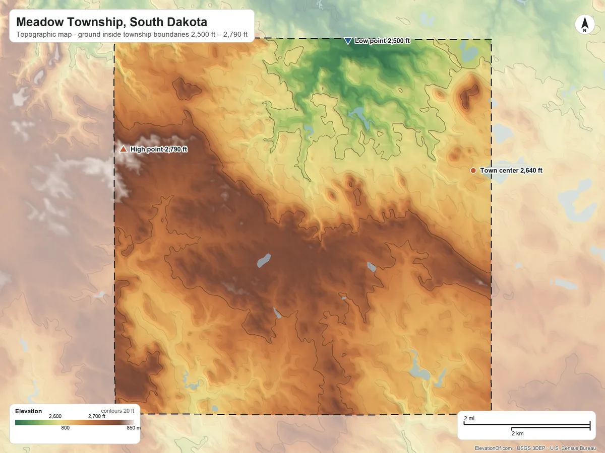 Topographic elevation map of Meadow Township, South Dakota, shaded from 2,500 ft on the northwest side to 2,790 ft on the west side