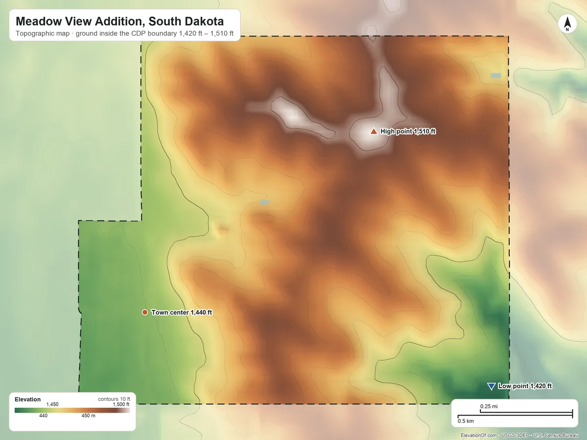 Topographic elevation map of Meadow View Addition, South Dakota, shaded from 1,420 ft on the east side to 1,510 ft on the northeast side