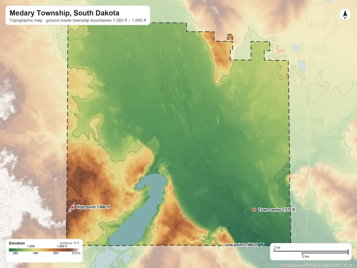 Topographic elevation map of Medary Township, South Dakota, shaded from 1,560 ft on the south side to 1,680 ft on the west side