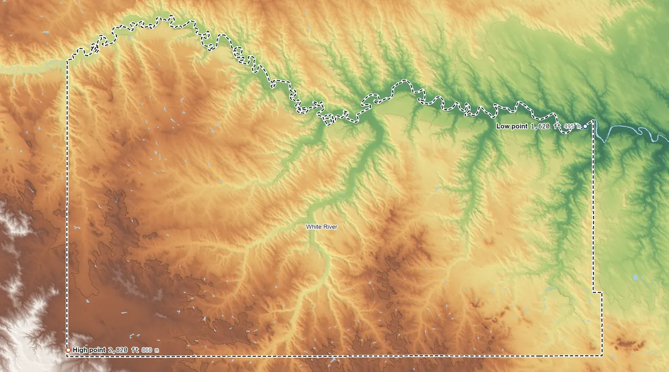 Topographic elevation map of Mellette County, South Dakota, shaded from 1,620 ft on the east side to 2,820 ft on the southwest side