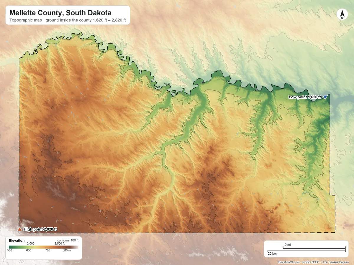 Topographic elevation map of Mellette County, South Dakota, shaded from 1,620 ft on the east side to 2,820 ft on the southwest side