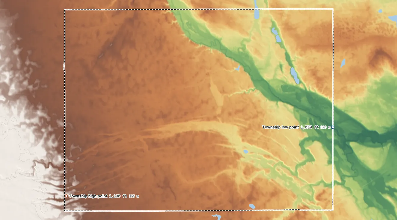 Topographic elevation map of Melrose Township, South Dakota, shaded from 1,050 ft on the east side to 1,190 ft on the southwest side