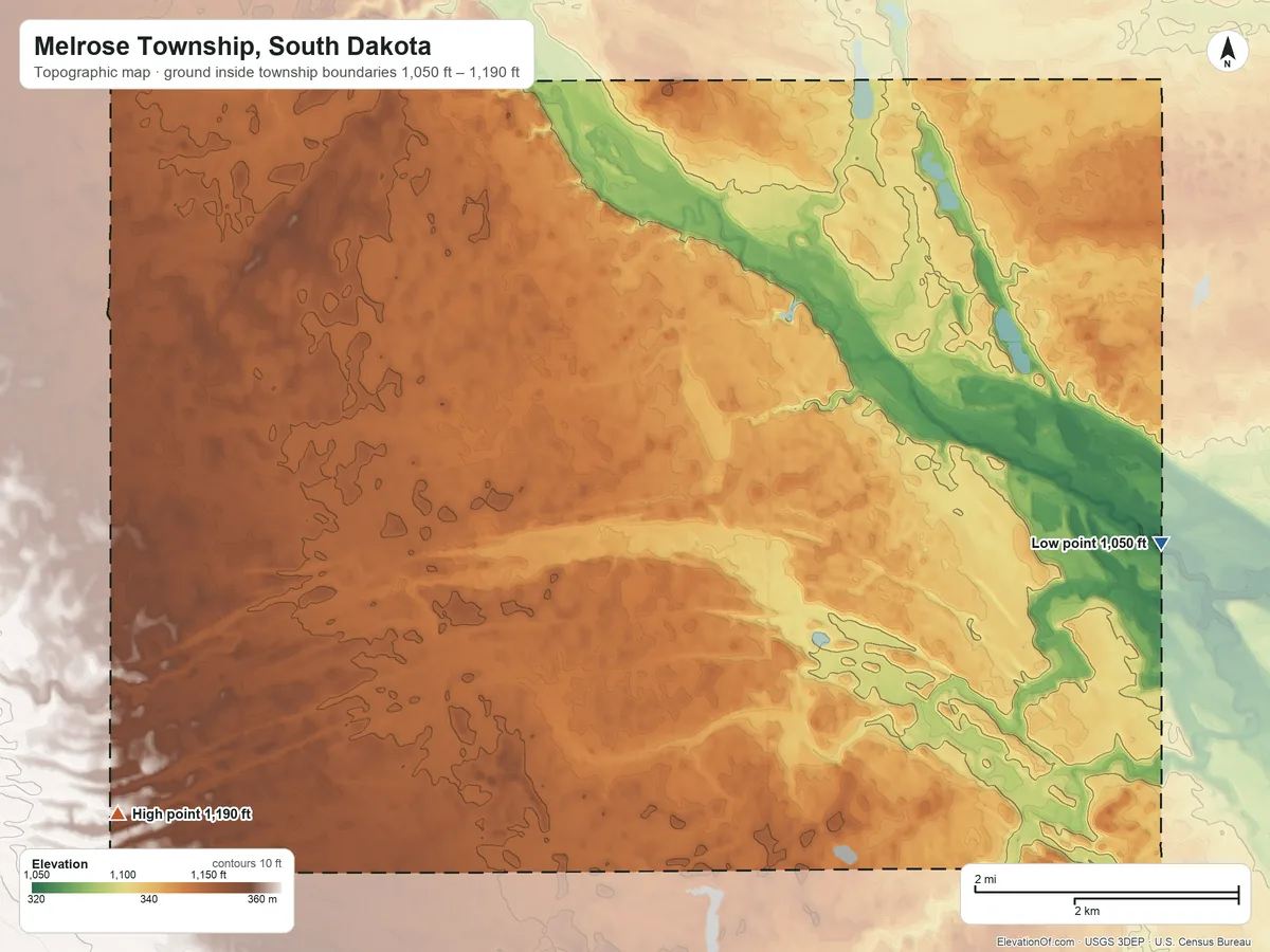 Topographic elevation map of Melrose Township, South Dakota, shaded from 1,050 ft on the east side to 1,190 ft on the southwest side