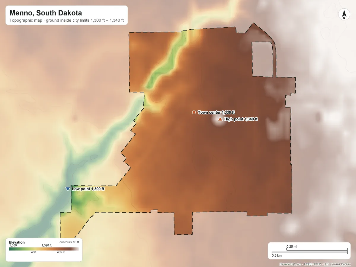 Topographic elevation map of Menno, South Dakota, shaded from 1,300 ft on the southwest side to 1,340 ft near the middle
