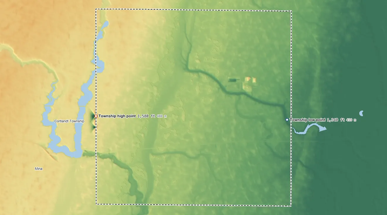 Topographic elevation map of Mercier Township, South Dakota, shaded from 1,340 ft on the east side to 1,580 ft on the west side