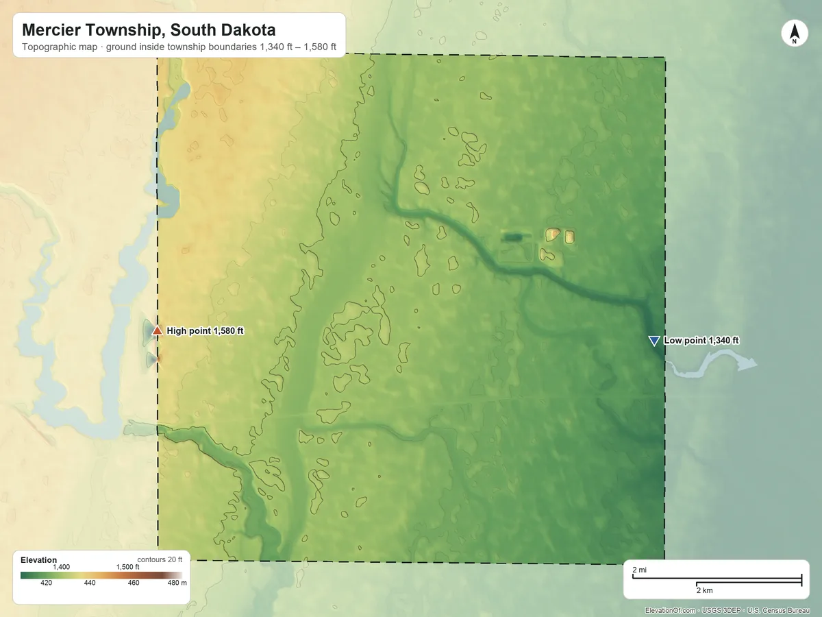 Topographic elevation map of Mercier Township, South Dakota, shaded from 1,340 ft on the east side to 1,580 ft on the west side