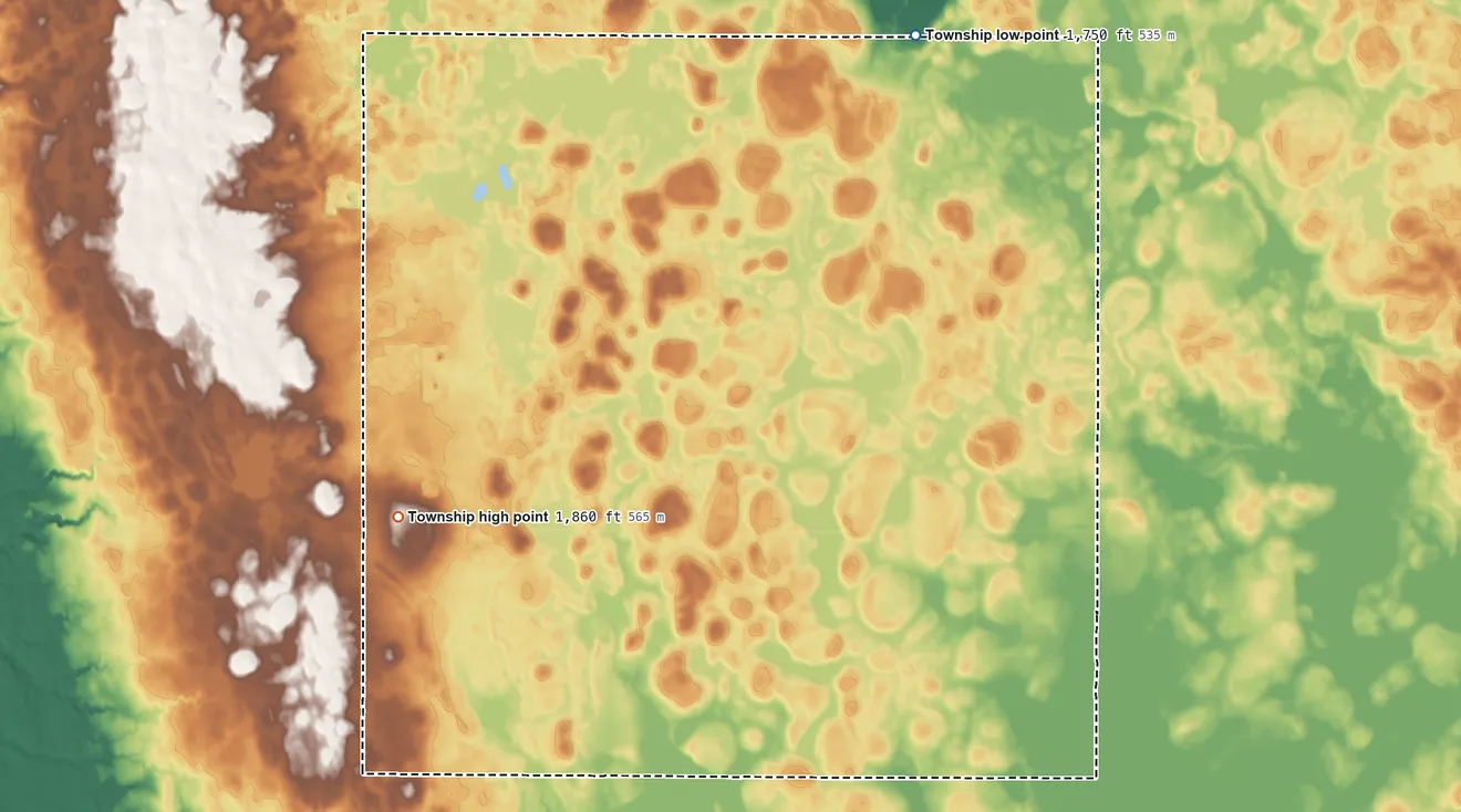 Topographic elevation map of Merton Township, South Dakota, shaded from 1,750 ft on the north side to 1,860 ft on the northwest side