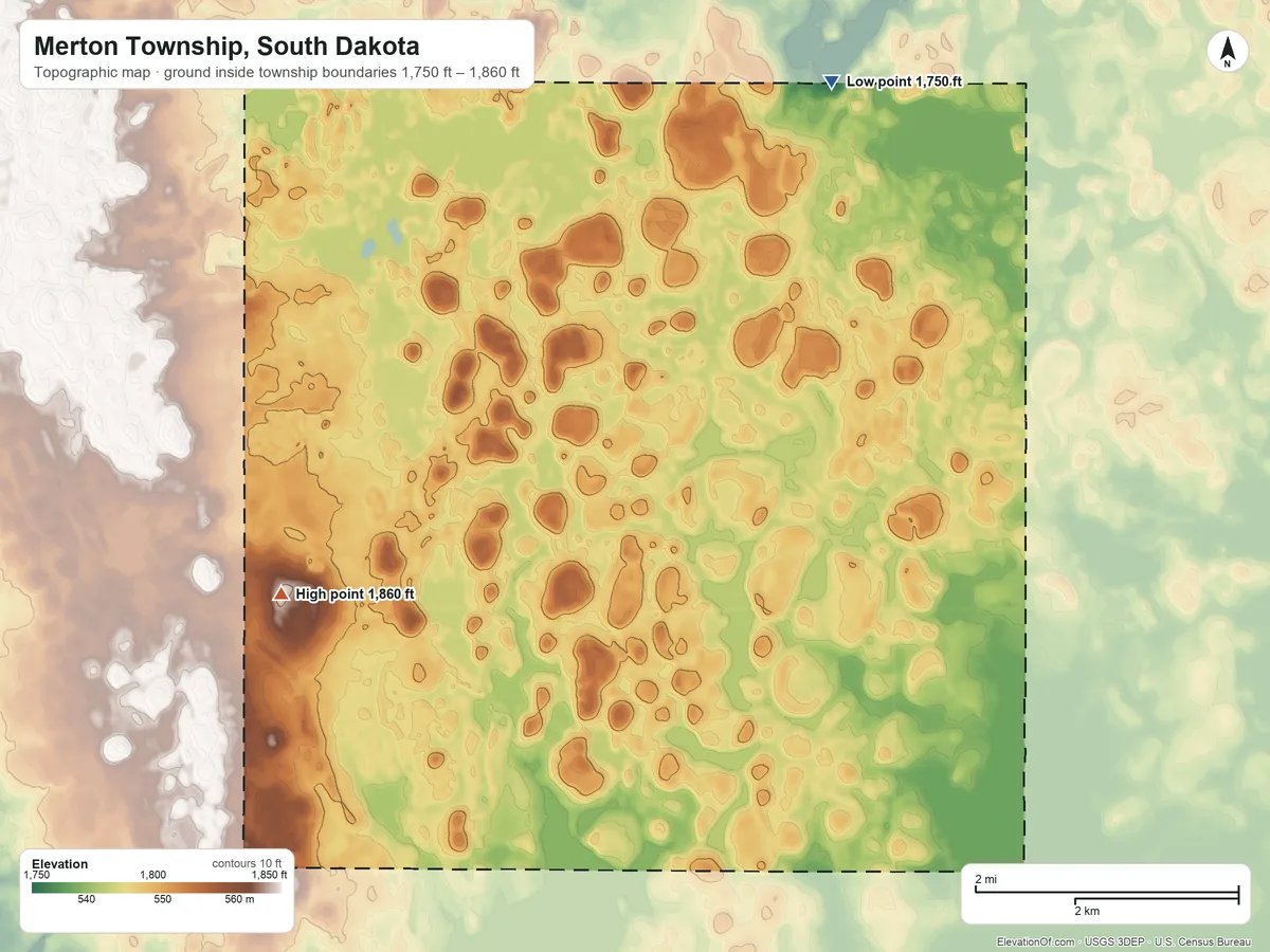 Topographic elevation map of Merton Township, South Dakota, shaded from 1,750 ft on the north side to 1,860 ft on the northwest side
