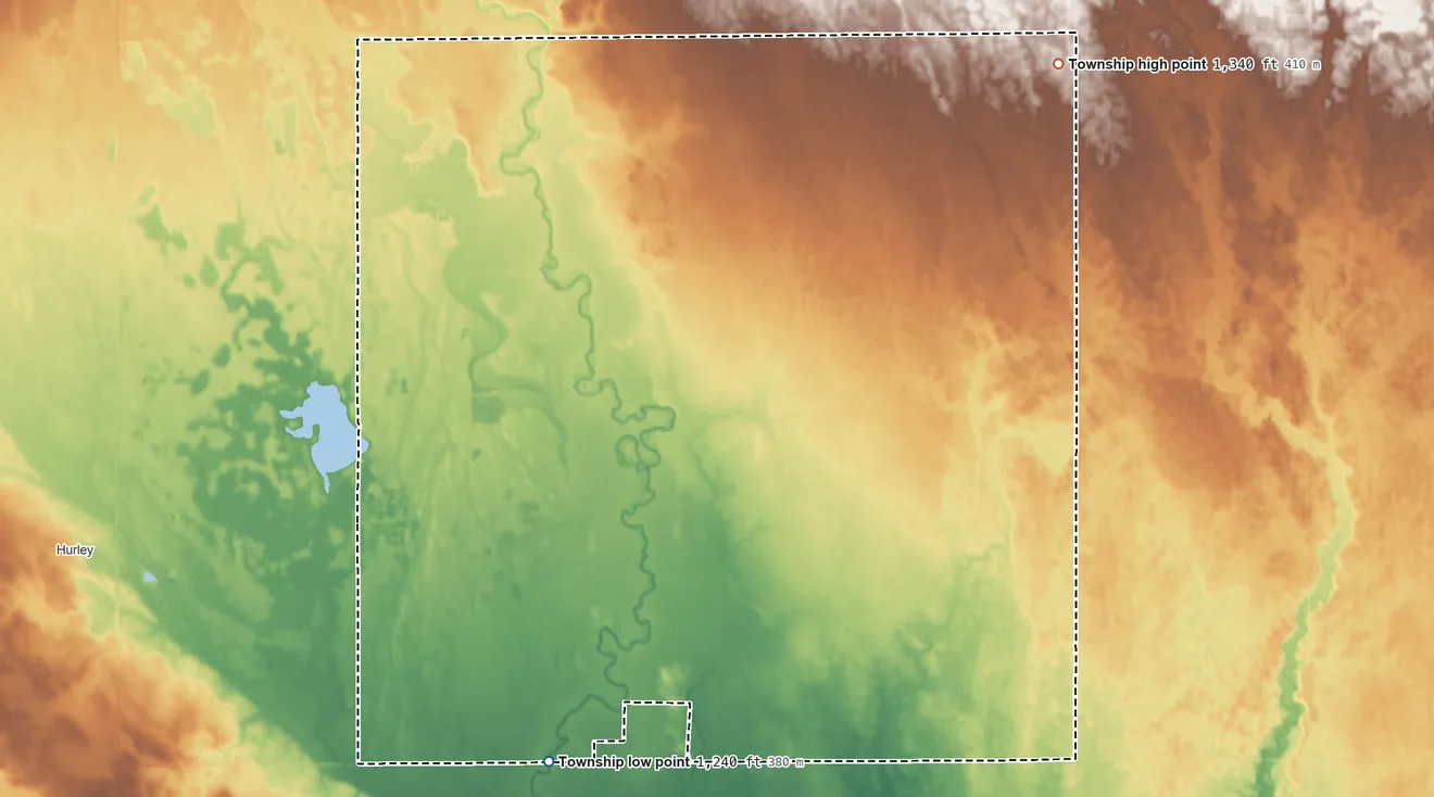 Topographic elevation map of Middleton Township, South Dakota, shaded from 1,240 ft on the southwest side to 1,340 ft on the northeast side