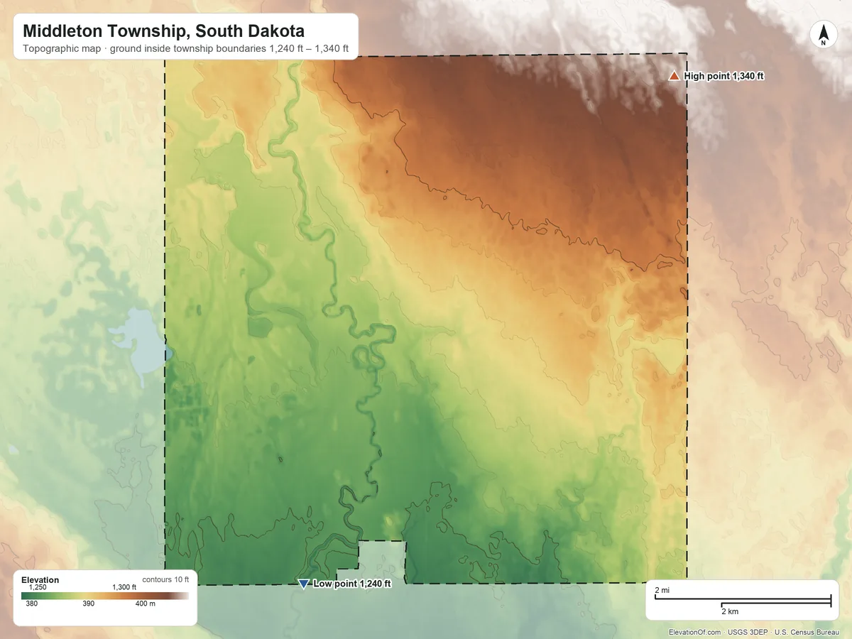 Topographic elevation map of Middleton Township, South Dakota, shaded from 1,240 ft on the southwest side to 1,340 ft on the northeast side