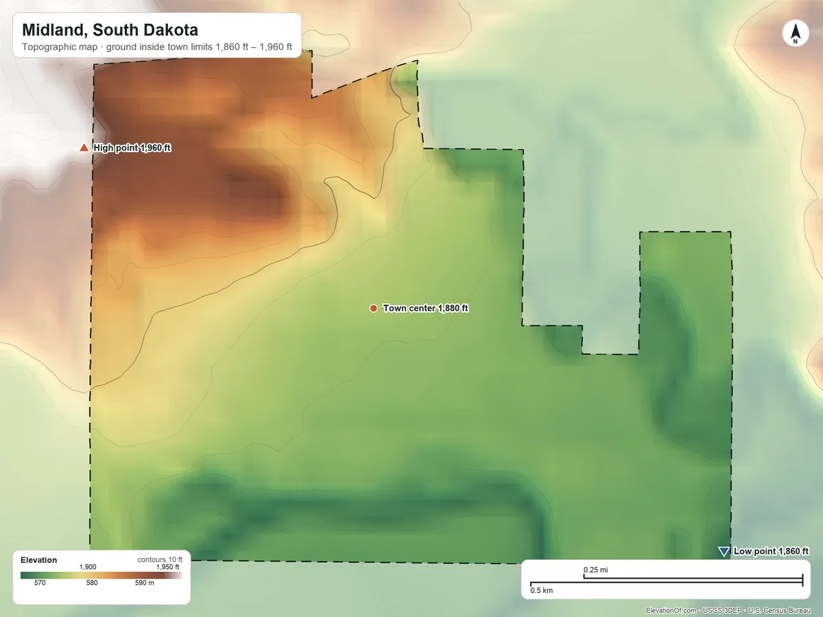 Topographic elevation map of Midland, South Dakota, shaded from 1,860 ft on the southeast side to 1,960 ft on the northwest side