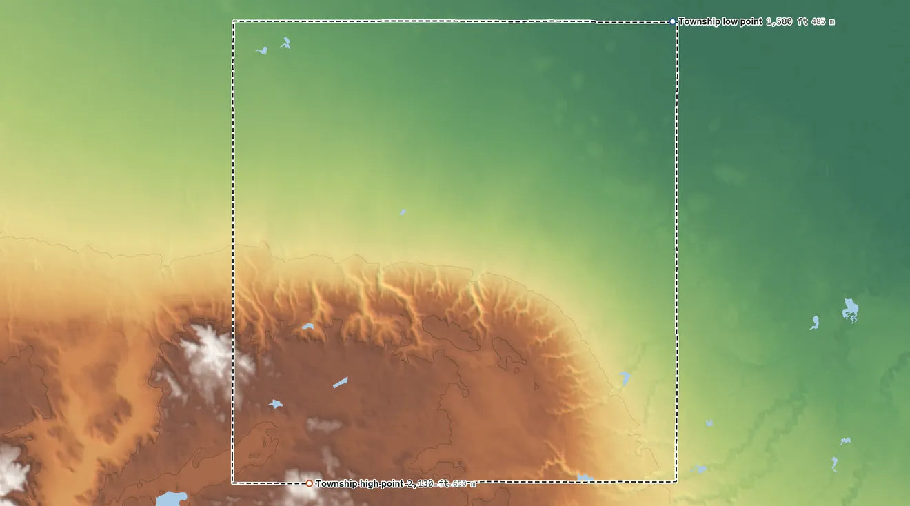 Topographic elevation map of Midland Township, South Dakota, shaded from 1,580 ft on the northeast side to 2,130 ft on the southwest side