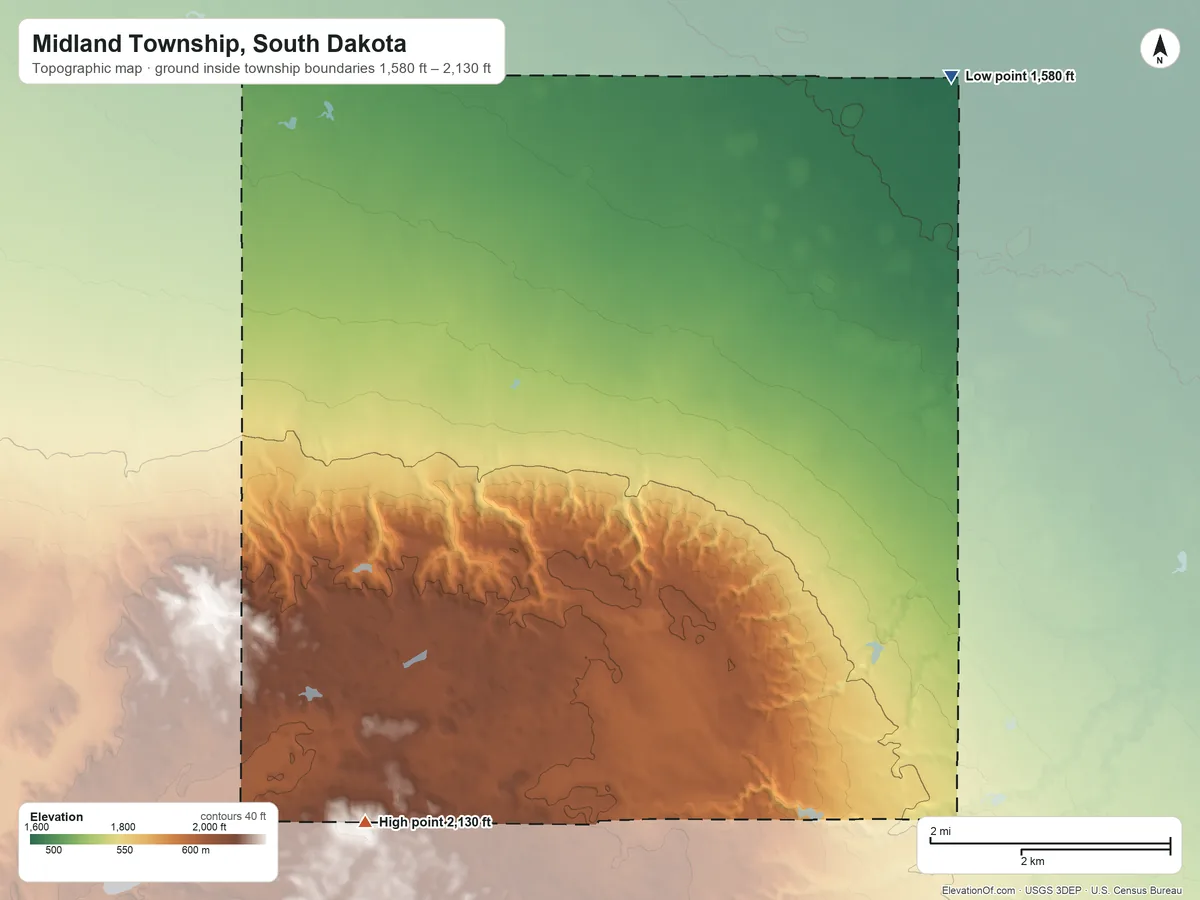 Topographic elevation map of Midland Township, South Dakota, shaded from 1,580 ft on the northeast side to 2,130 ft on the southwest side