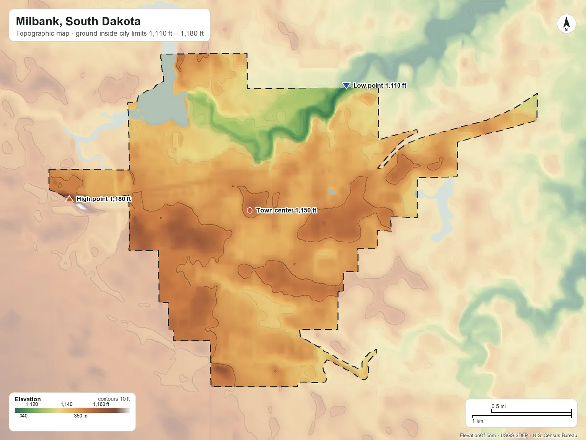Topographic elevation map of Milbank, South Dakota, shaded from 1,110 ft on the northeast side to 1,180 ft on the west side