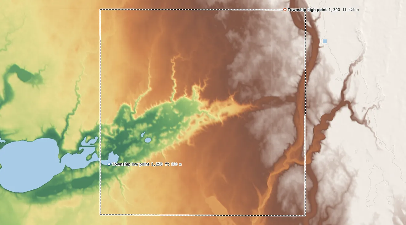 Topographic elevation map of Milford Township, South Dakota, shaded from 1,250 ft on the southwest side to 1,390 ft on the north side