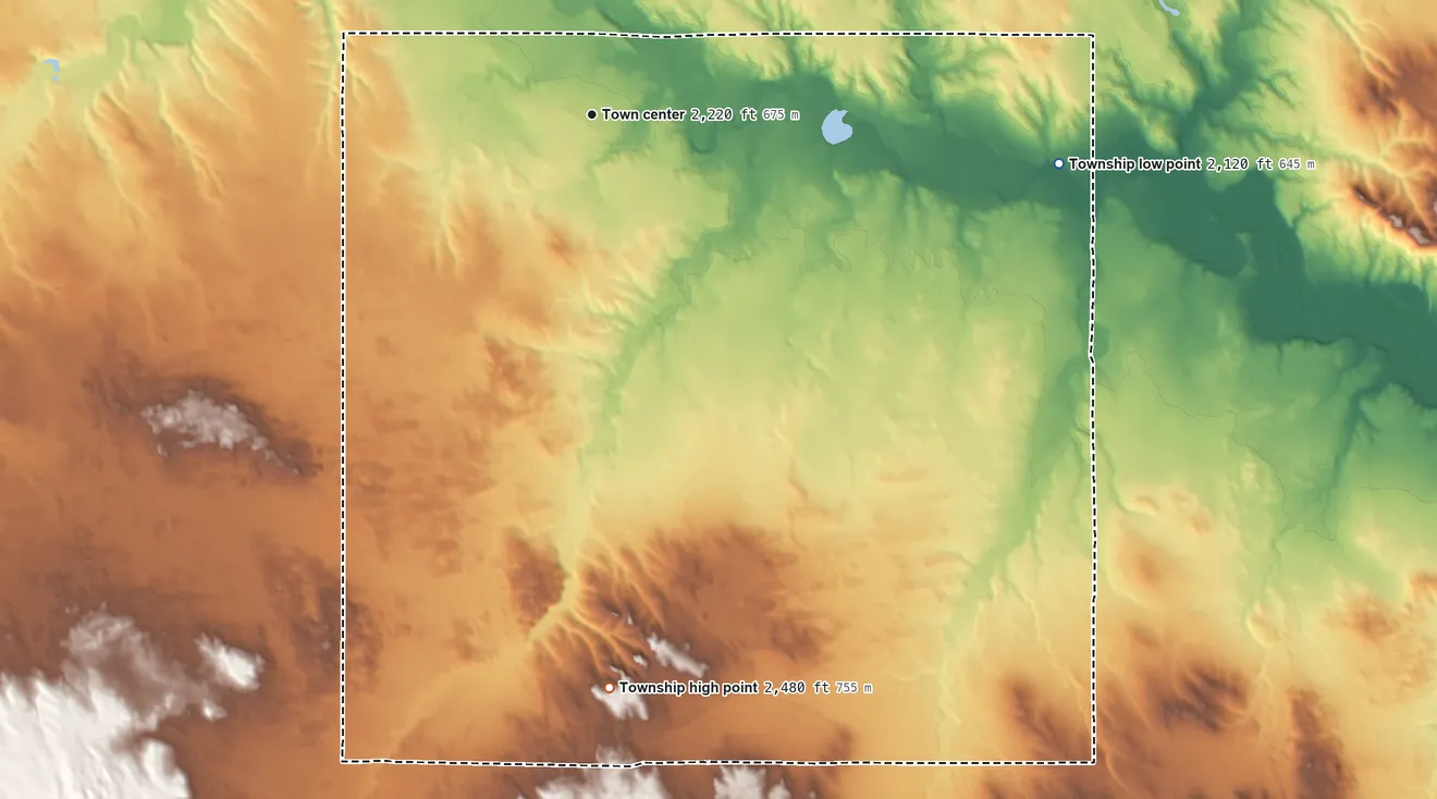 Topographic elevation map of Millboro Township, South Dakota, shaded from 2,120 ft on the east side to 2,480 ft on the south side