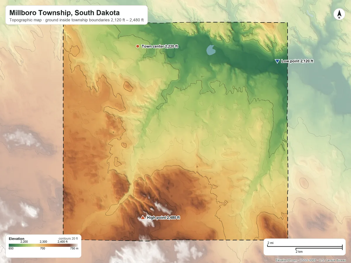 Topographic elevation map of Millboro Township, South Dakota, shaded from 2,120 ft on the east side to 2,480 ft on the south side