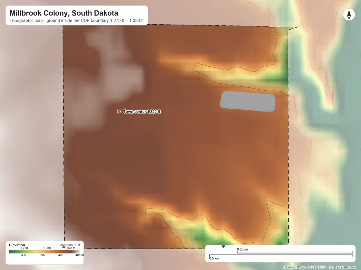 Topographic elevation map of Millbrook Colony, South Dakota, shaded from 1,270 ft on the southeast side to 1,330 ft on the south side