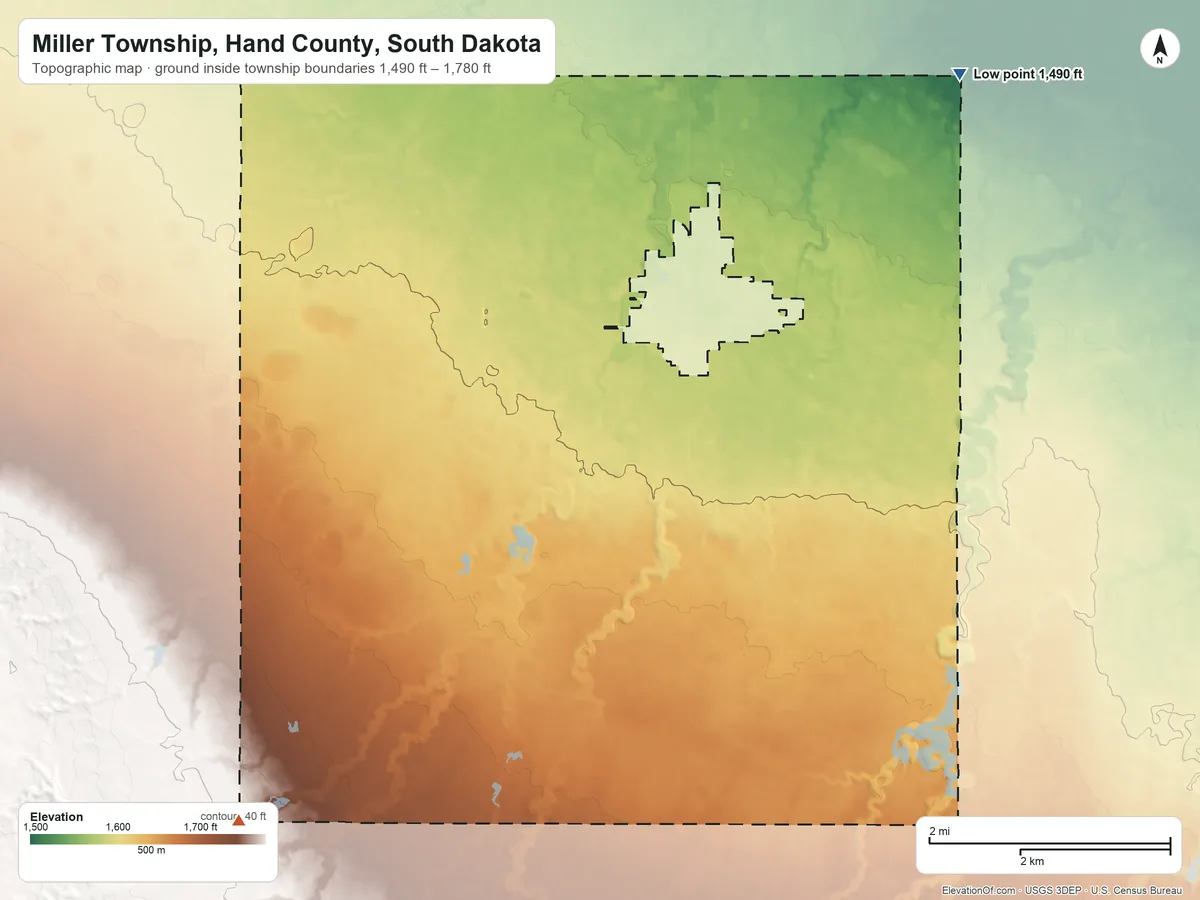 Topographic elevation map of Miller Township, Hand County, South Dakota, shaded from 1,490 ft on the northeast side to 1,780 ft on the southwest side