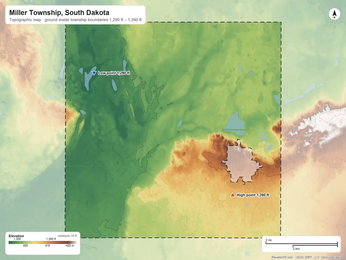 Topographic elevation map of Miller Township, South Dakota, shaded from 1,290 ft on the northwest side to 1,390 ft on the south side