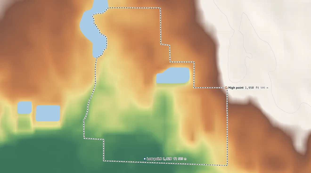 Topographic elevation map of Millerdale Colony, South Dakota, shaded from 1,920 ft on the south side to 1,950 ft on the east side