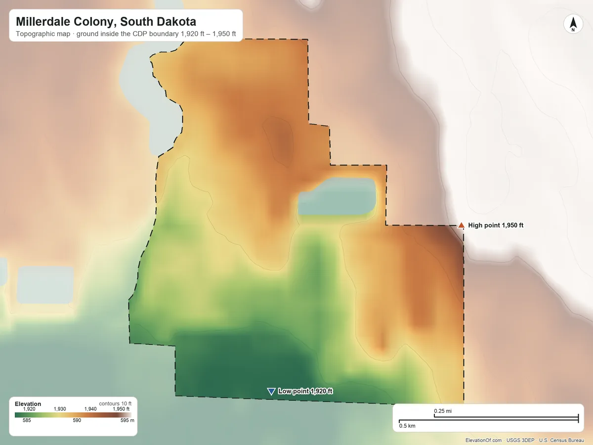 Topographic elevation map of Millerdale Colony, South Dakota, shaded from 1,920 ft on the south side to 1,950 ft on the east side