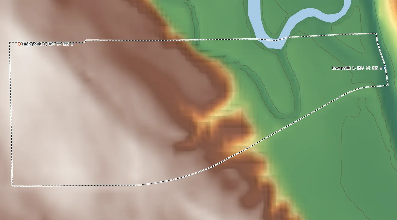 Topographic elevation map of Milltown, South Dakota, shaded from 1,190 ft on the east side to 1,300 ft on the northwest side
