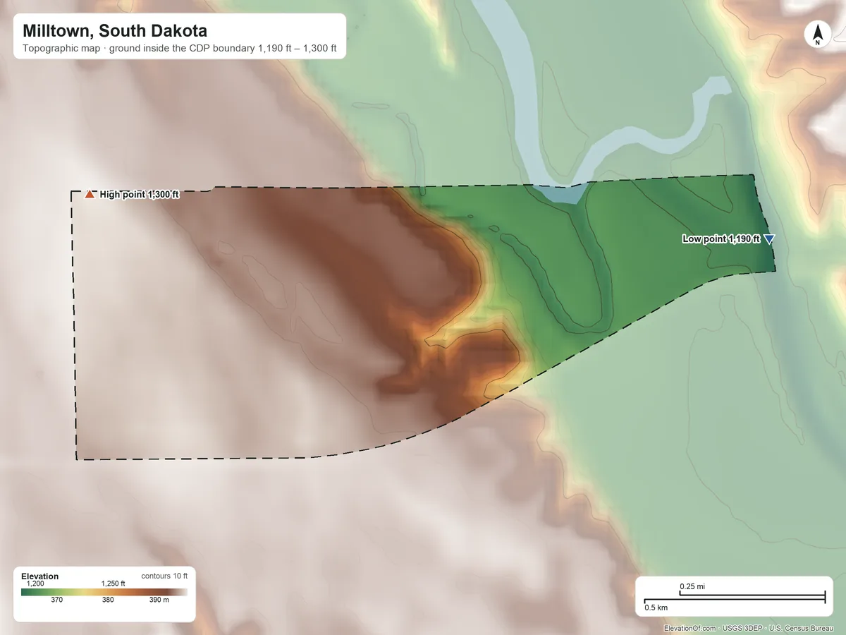 Topographic elevation map of Milltown, South Dakota, shaded from 1,190 ft on the east side to 1,300 ft on the northwest side
