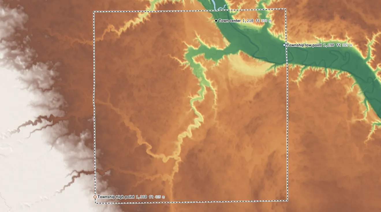 Topographic elevation map of Milltown Township, South Dakota, shaded from 1,190 ft on the east side to 1,360 ft on the southwest side