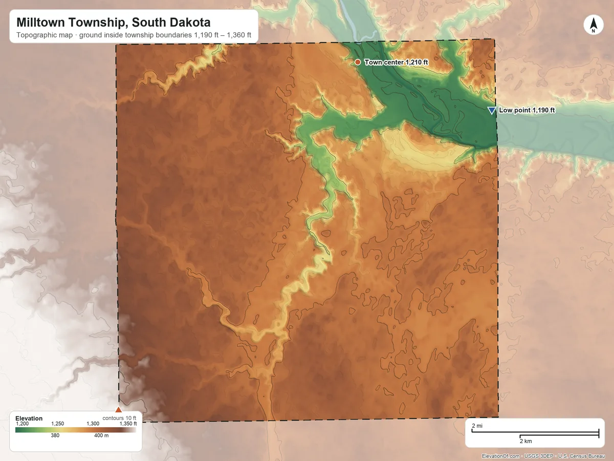 Topographic elevation map of Milltown Township, South Dakota, shaded from 1,190 ft on the east side to 1,360 ft on the southwest side