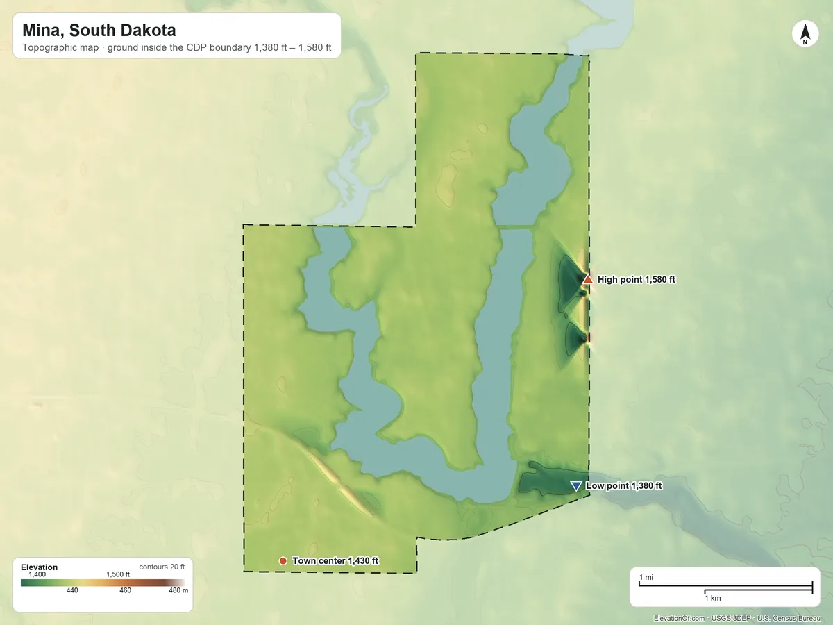 Topographic elevation map of Mina, South Dakota, shaded from 1,380 ft on the east side to 1,580 ft on the northeast side