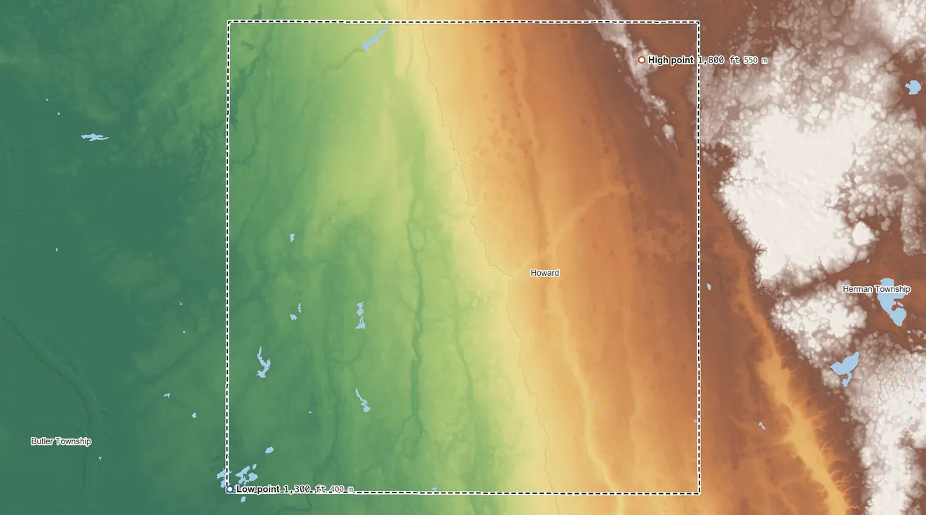 Topographic elevation map of Miner County, South Dakota, shaded from 1,300 ft on the southwest side to 1,800 ft on the northeast side