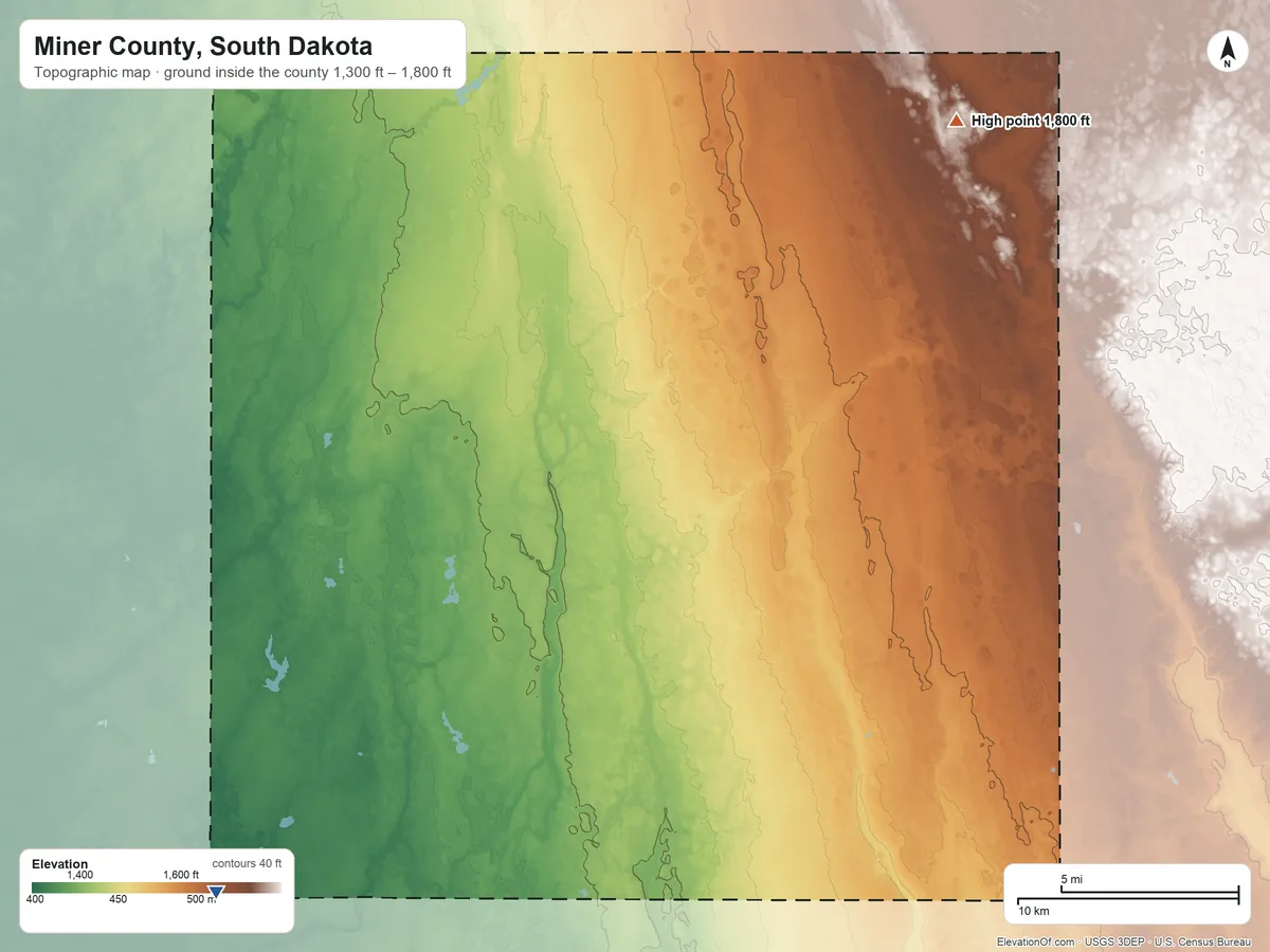 Topographic elevation map of Miner County, South Dakota, shaded from 1,300 ft on the southwest side to 1,800 ft on the northeast side