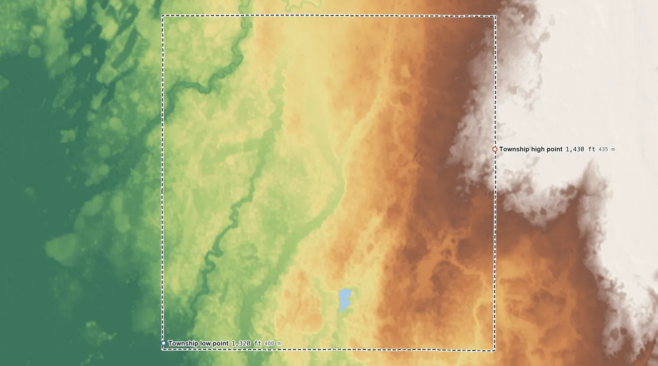 Topographic elevation map of Miner Township, South Dakota, shaded from 1,320 ft on the west side to 1,430 ft on the northeast side