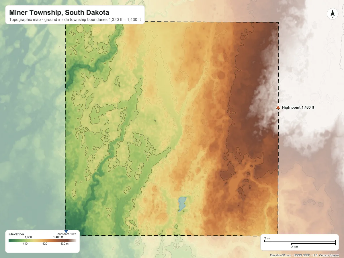 Topographic elevation map of Miner Township, South Dakota, shaded from 1,320 ft on the west side to 1,430 ft on the northeast side