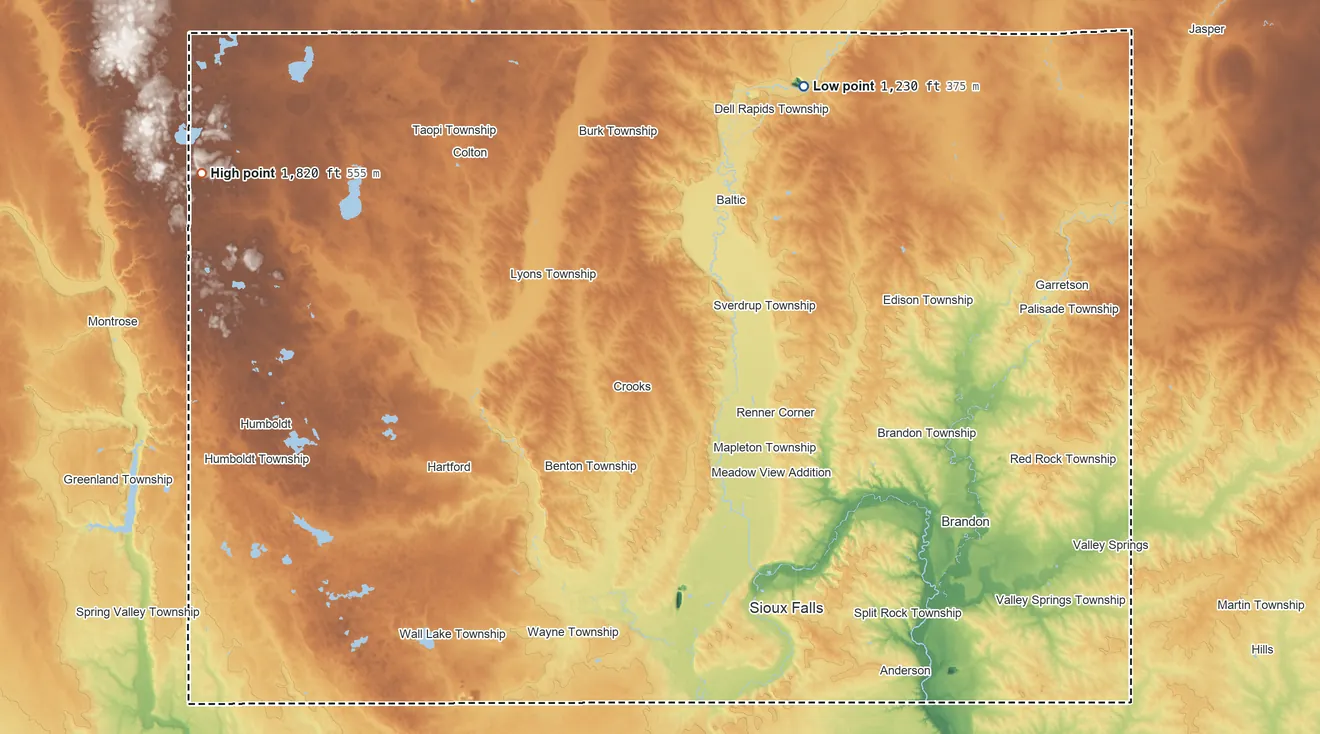 Topographic elevation map of Minnehaha County, South Dakota, shaded from 1,230 ft on the northeast side to 1,820 ft on the northwest side