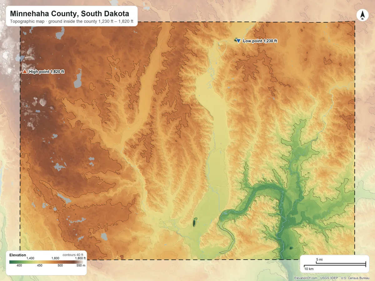 Topographic elevation map of Minnehaha County, South Dakota, shaded from 1,230 ft on the northeast side to 1,820 ft on the northwest side
