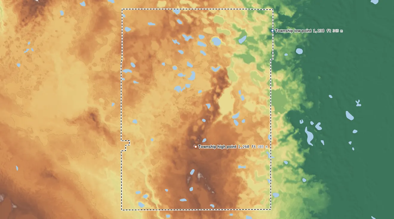 Topographic elevation map of Minnesota Township, South Dakota, shaded from 1,130 ft on the northeast side to 1,260 ft on the south side