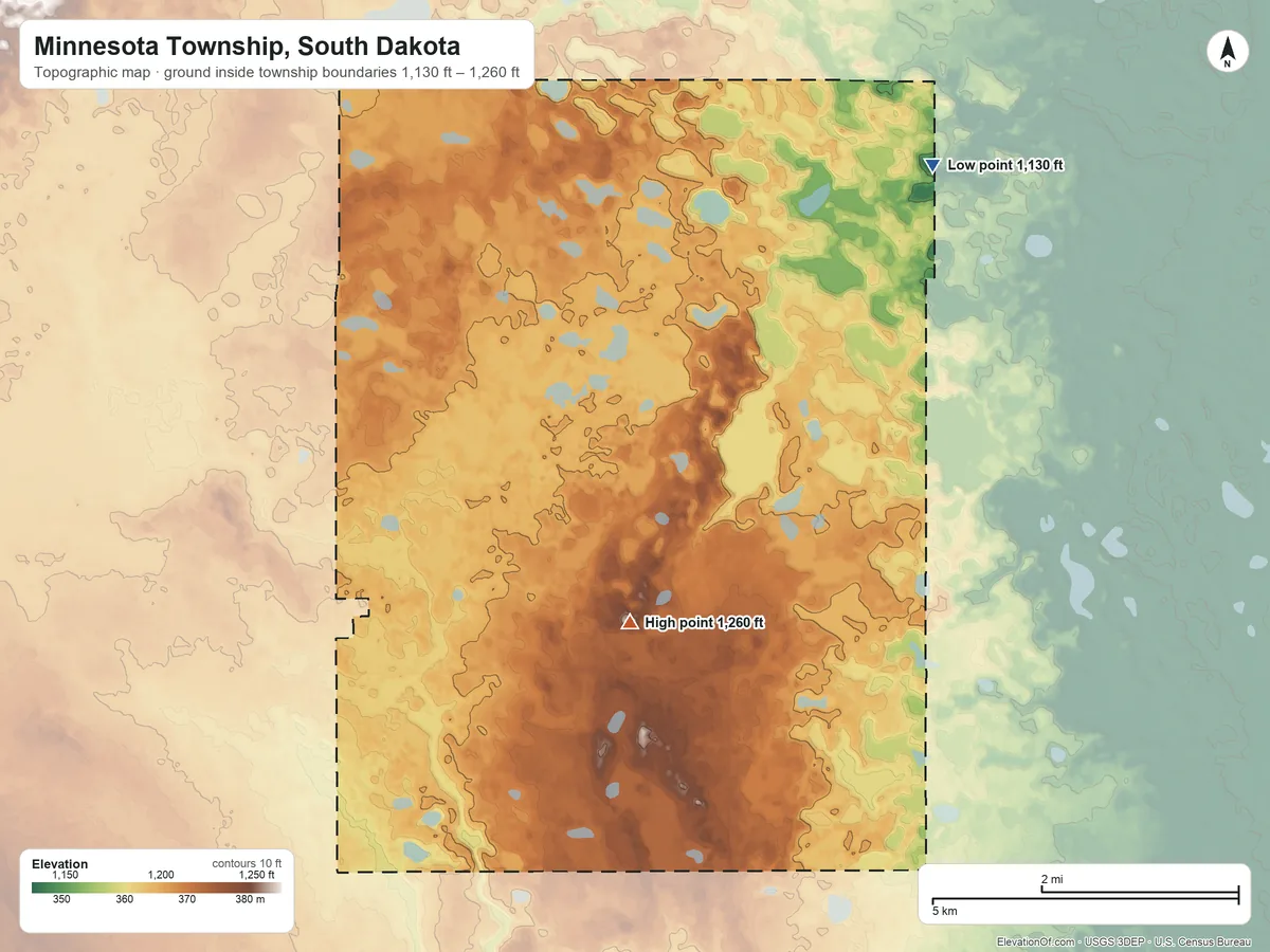 Topographic elevation map of Minnesota Township, South Dakota, shaded from 1,130 ft on the northeast side to 1,260 ft on the south side
