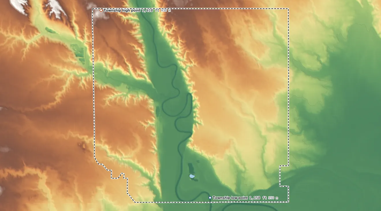 Topographic elevation map of Mission Hill Township, South Dakota, shaded from 1,150 ft on the south side to 1,410 ft on the northwest side